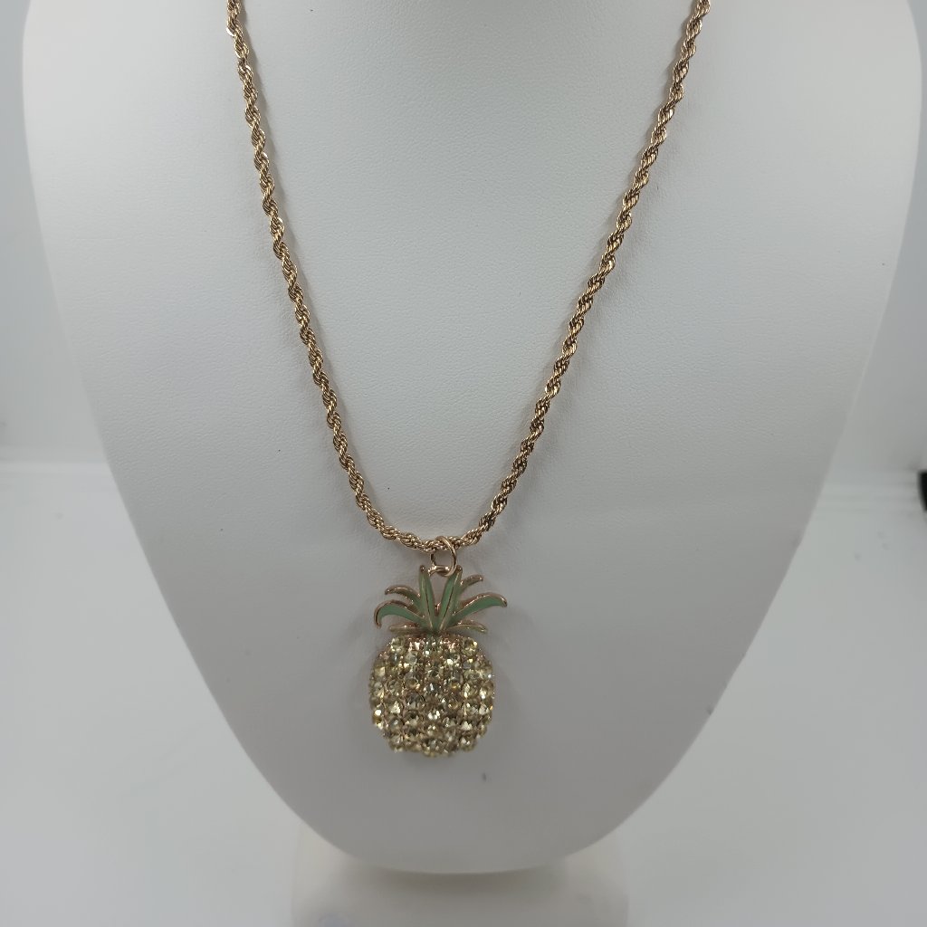 Gold Tone Sparkly Rhinestone Pineapple Necklace